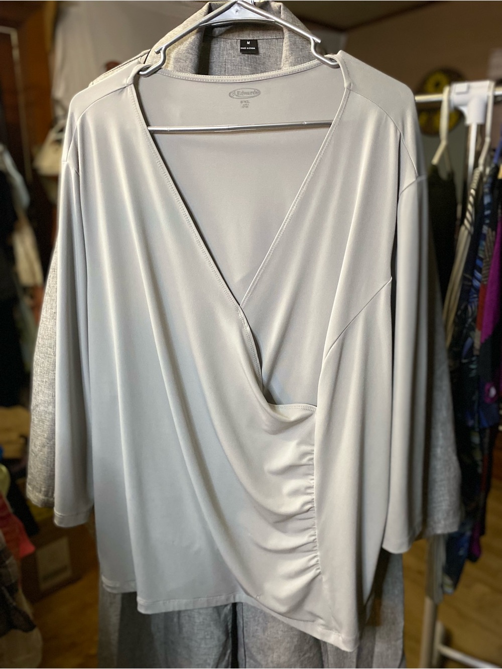 Women's Light Gray Draped V-Neck Blouse
